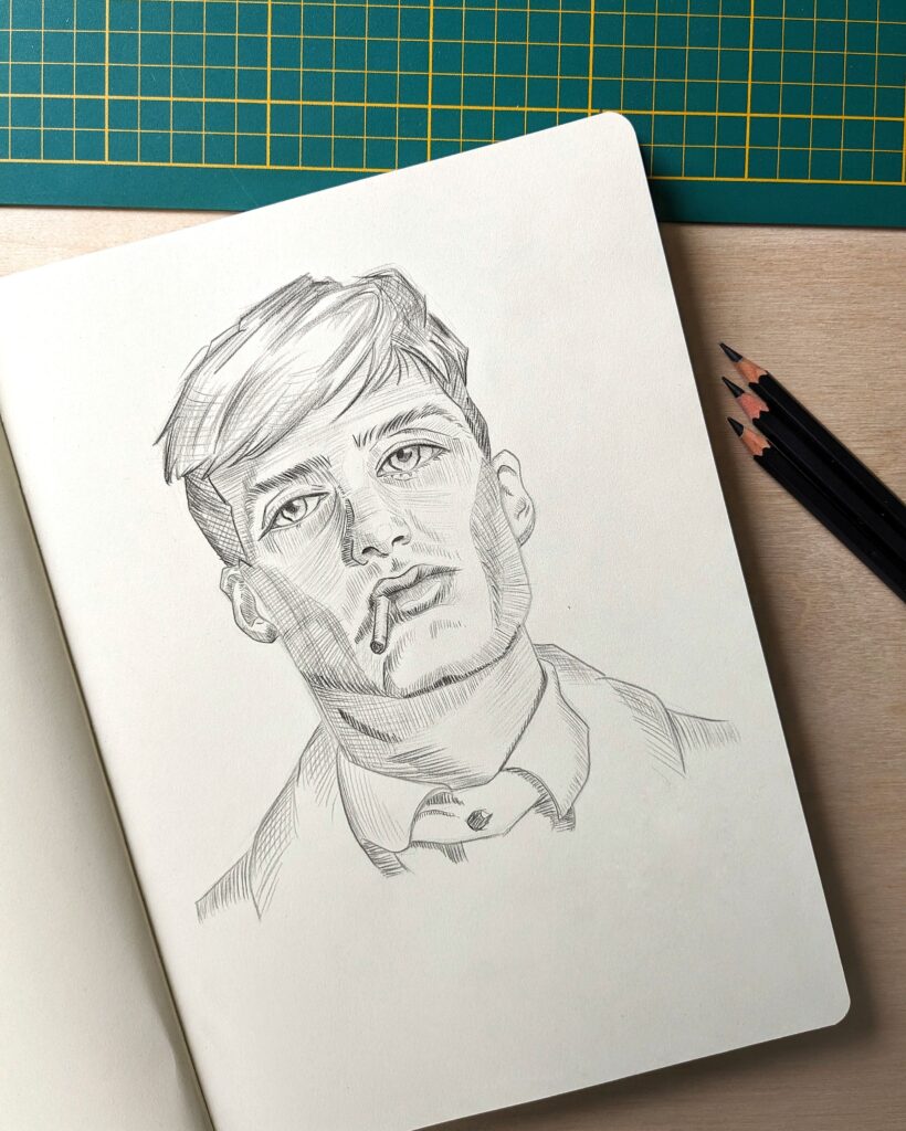 Black and white portrait drawing of the actor Cillian Murphy as Thomas Shelby in Peaky Blinders, done with graphite pencils.