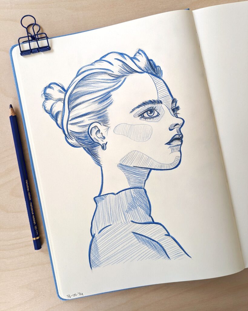 A portrait drawing of the actress Florence Pugh in blue pencils.