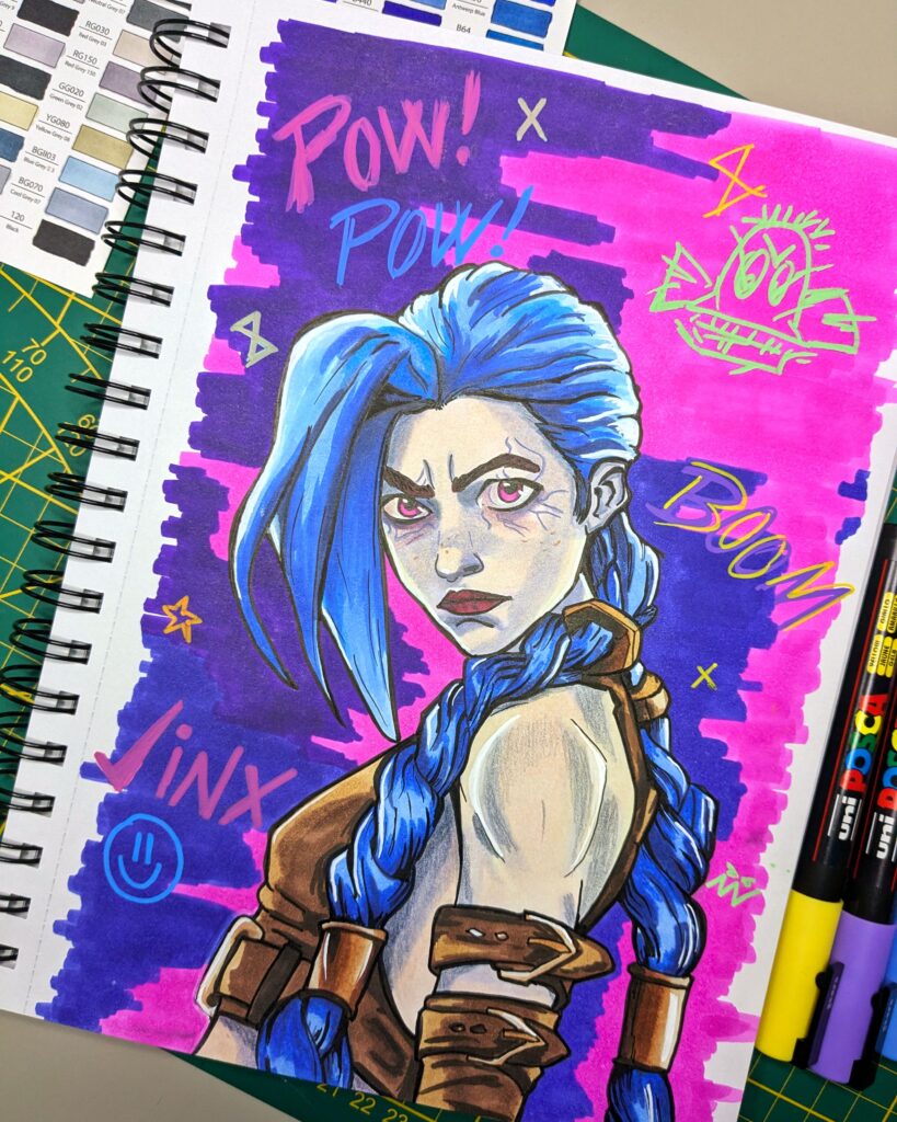Fanart of the character Jinx from League of Legends and Arcane, made with alcohol markers.