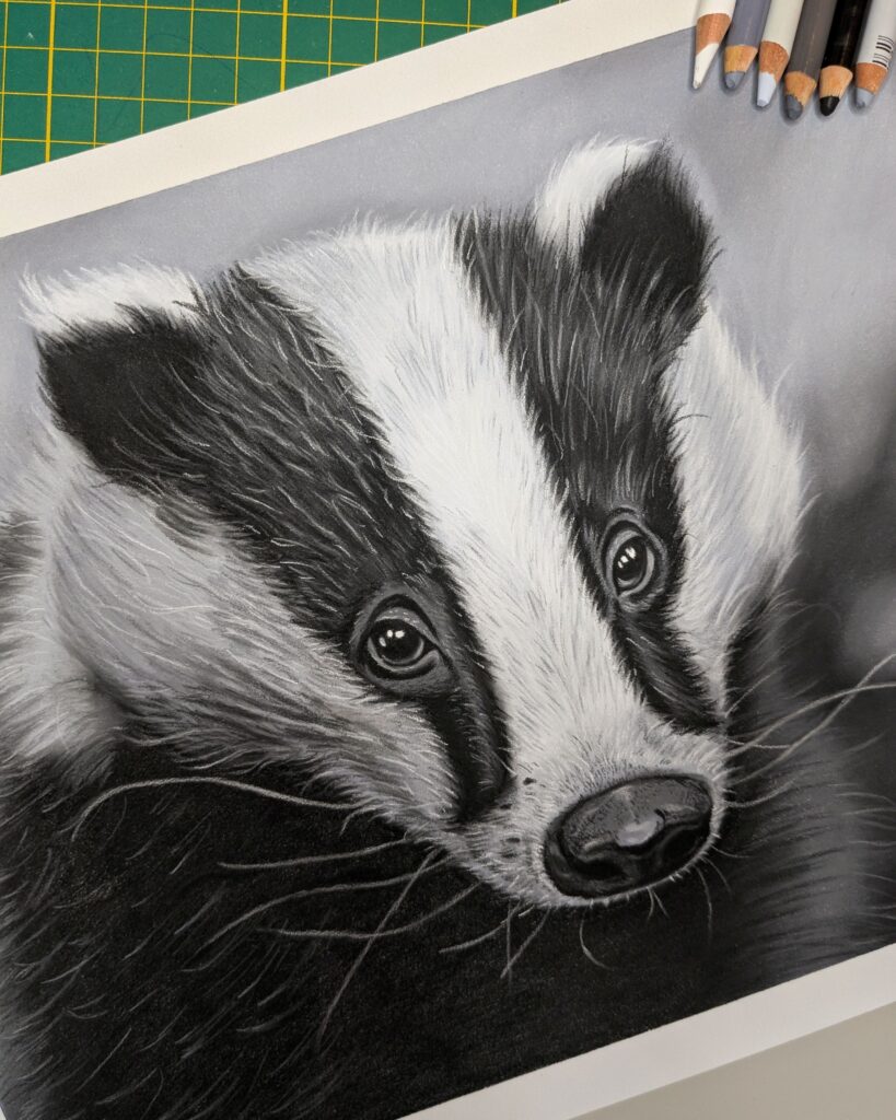 A detailed black and white drawing of a badger, done with pastel pencils by Kimhart Art.