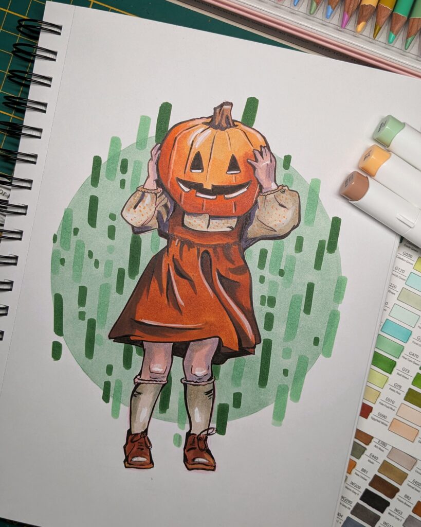 Cute Halloween artwork of a child with a pumpkin head made with alcohol markers.