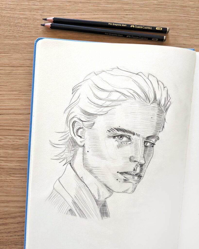 Black and white drawing done with graphite pencils of Timothée Chalamet.