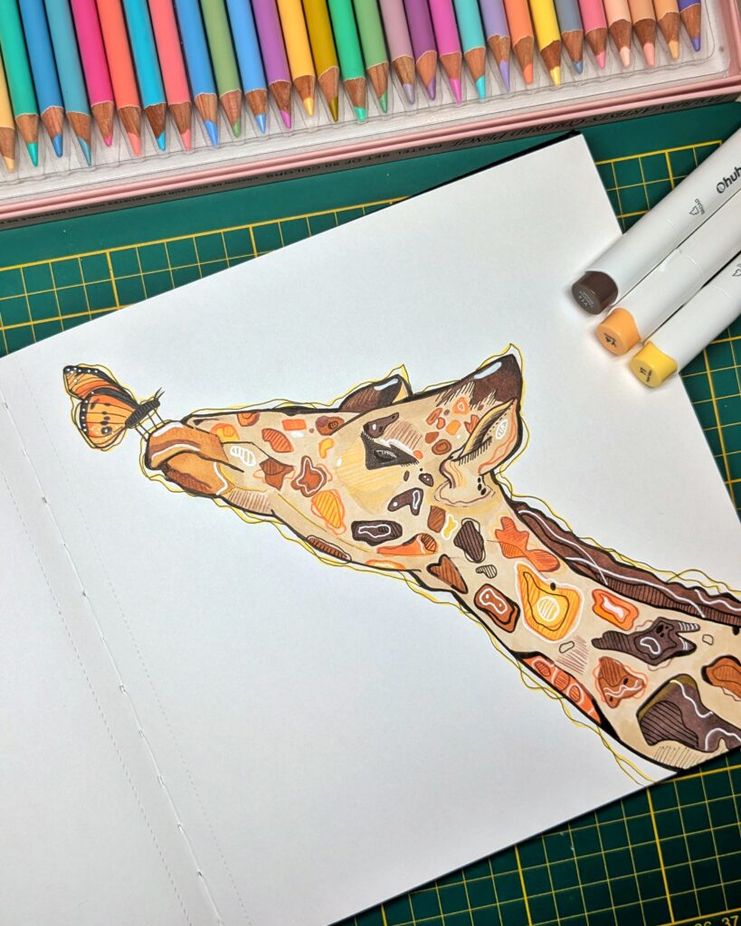 Fantasy-inspired colorful drawing of a giraffe made with alcohol markers and other mixed media.